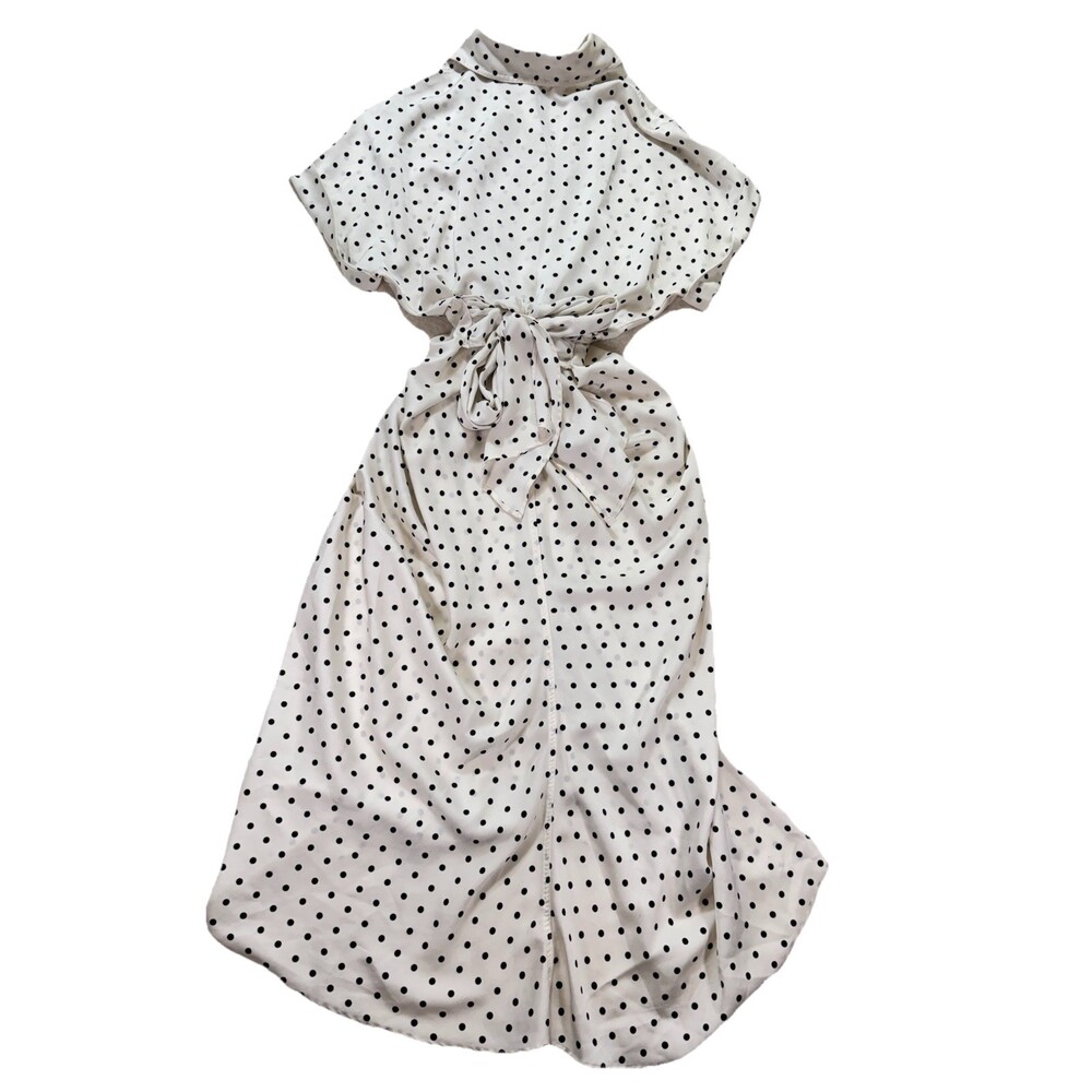 VICI Midi Shirt Dress Black White Polka-dot Print Gathered Front Draping Size S - Picture 3 of 8